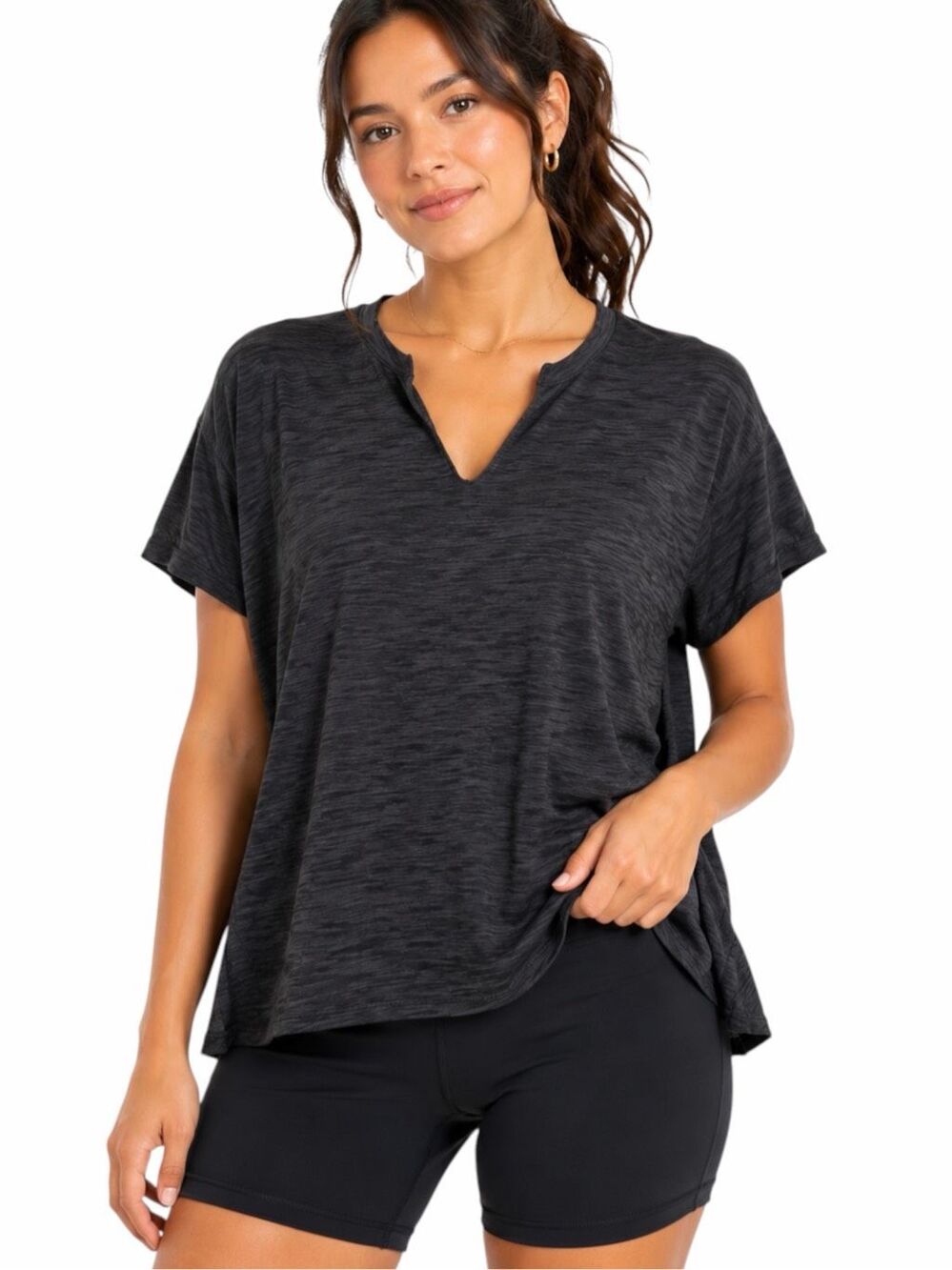 FREE PEOPLE WE THE FREE Black Slub Split V Neck Oversized Boxy Tee Small